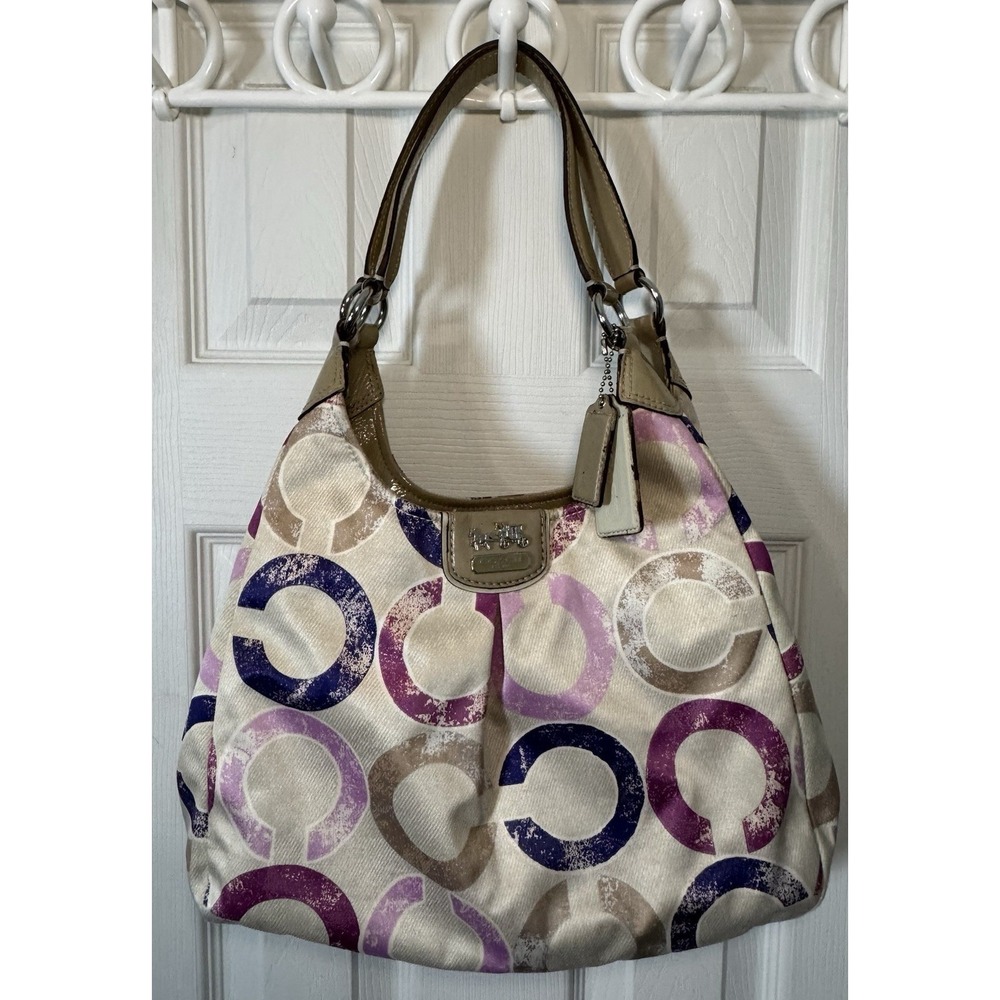 Coach Rare Hobo Bag Madison Signature Distressed Op Art Maggie Pink Purp #22289